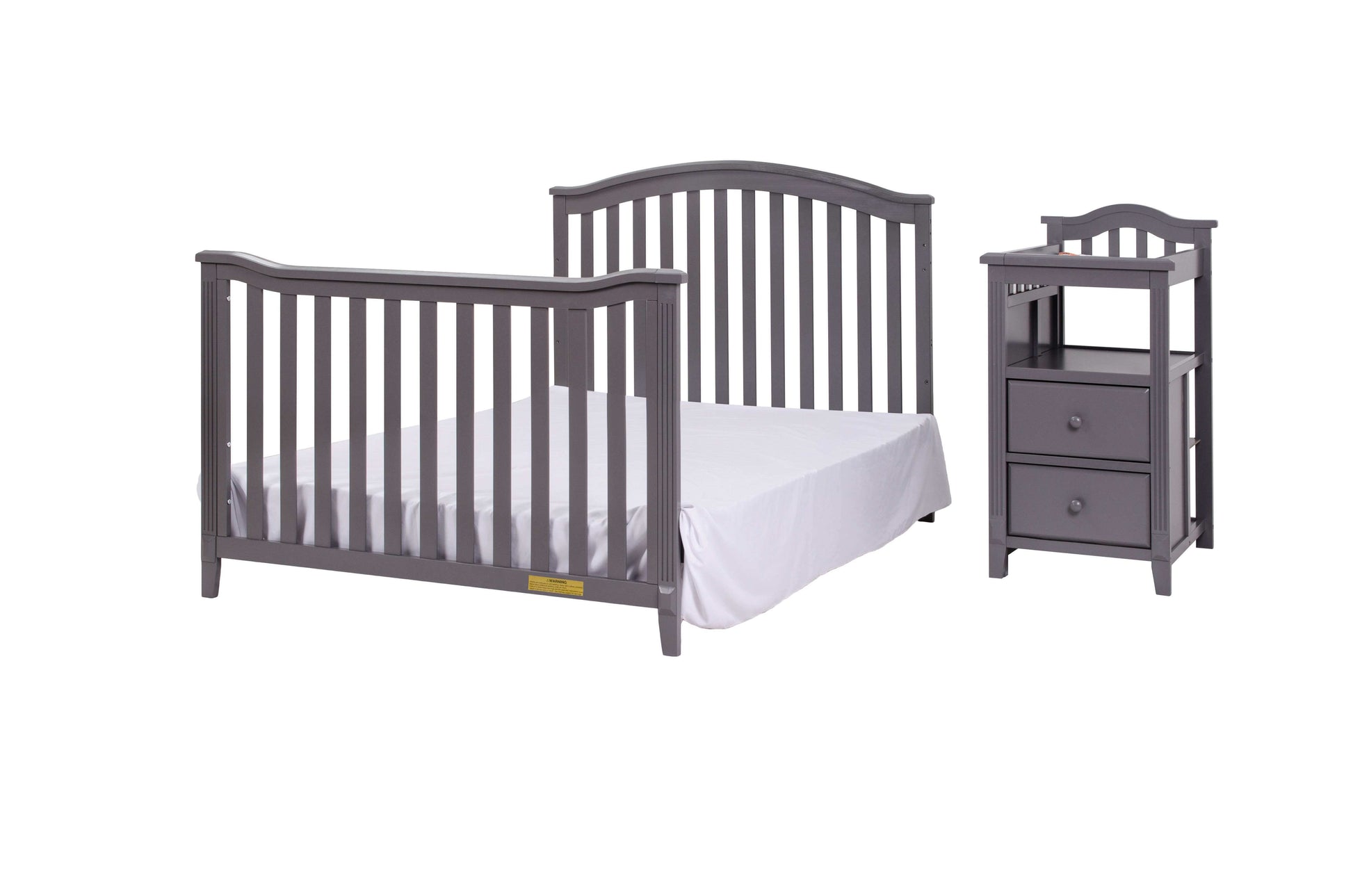 Kali 4-in-1 Crib and Changer - Inclined Side View of Kali  Full Sized Bed and Changer Gray