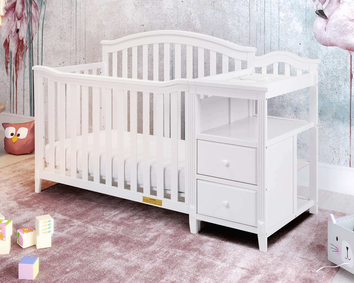 Kali 4-in-1 Crib and Changer - Lifestyle Image Inclined Side View of Kali 4-in-1 Crib and Changer White