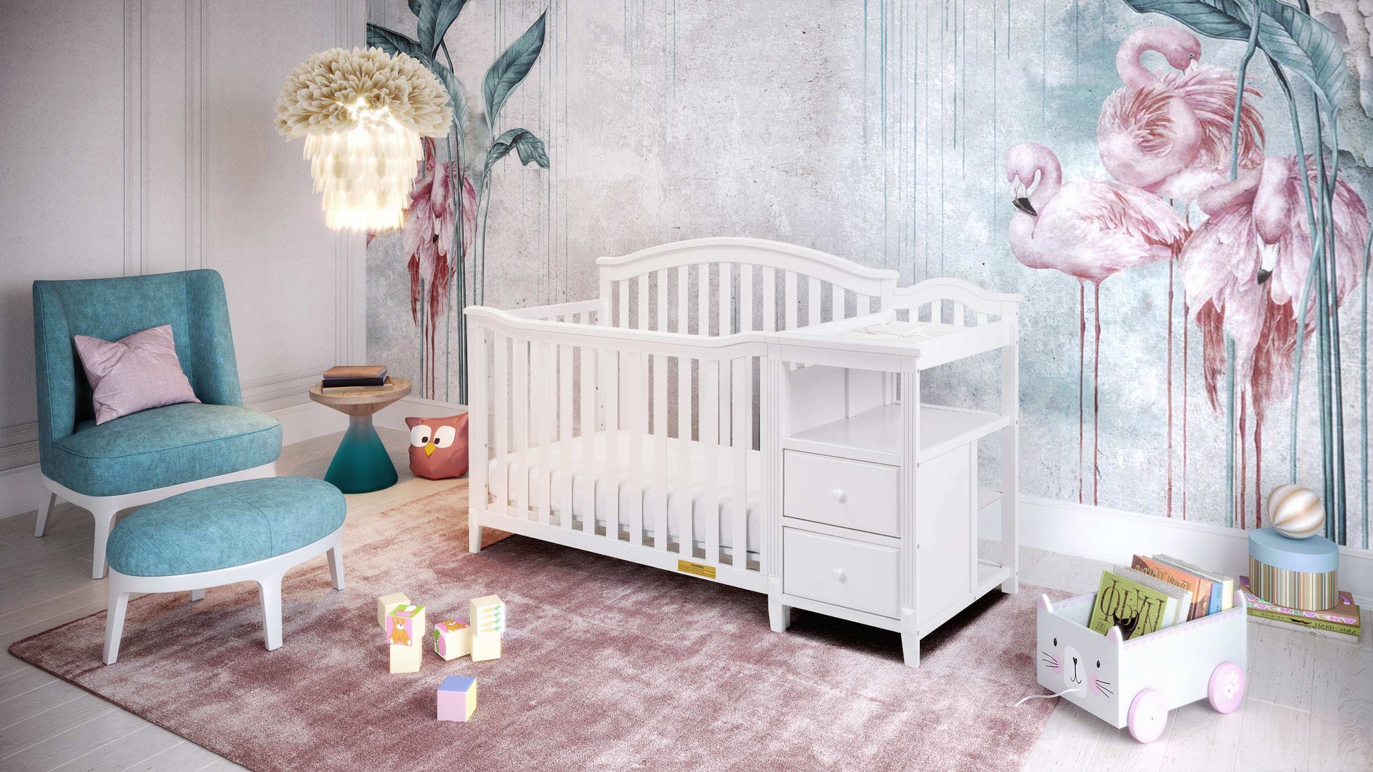 Kali 4-in-1 Crib and Changer - Full Lifestyle Image Inclined Side View of Kali 4-in-1 Crib and Changer White