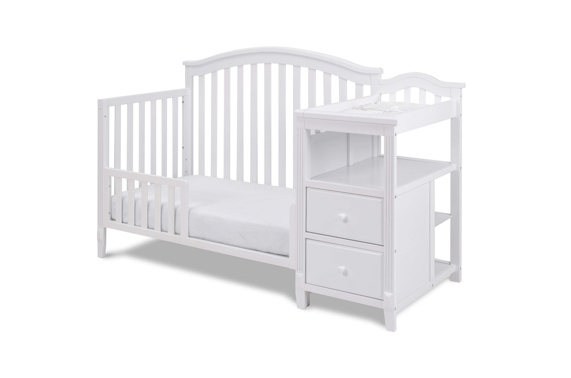 Kali 4-in-1 Crib and Changer - Inclined Side View of Kali 4-in-1 Crib and Changer White with Guard Rail