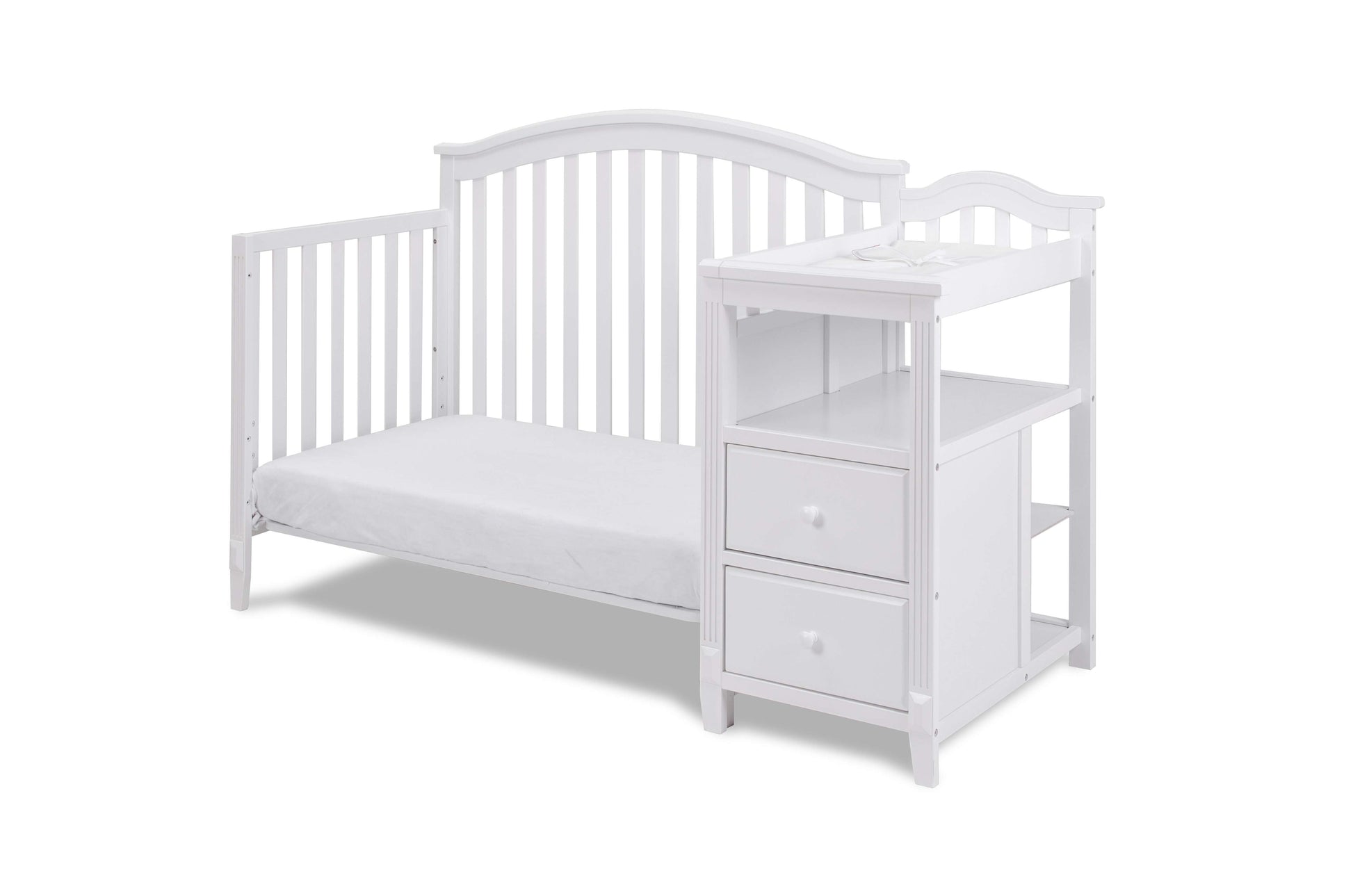 Kali 4-in-1 Crib and Changer - Inclined Side View of Kali Daybed and Changer White