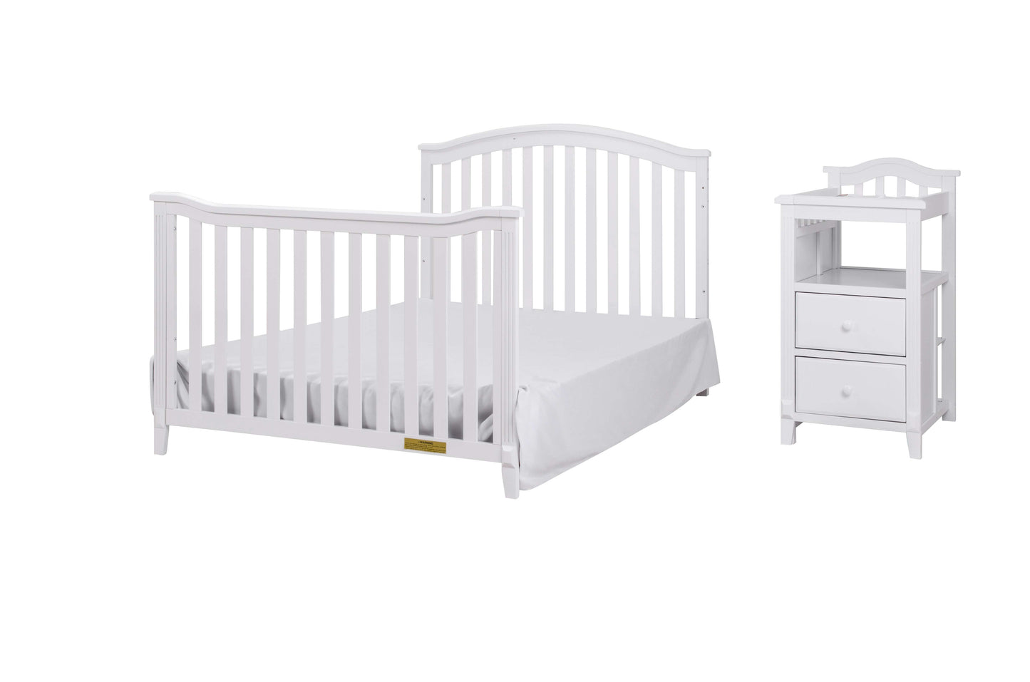 Kali 4-in-1 Crib and Changer - Inclined Side View of Kali  Full Sized Bed and Changer White