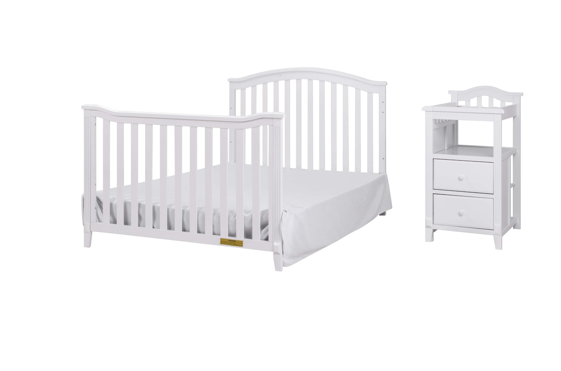 Kali 4-in-1 Crib and Changer - Inclined Side View of Kali  Full Sized Bed and Changer White