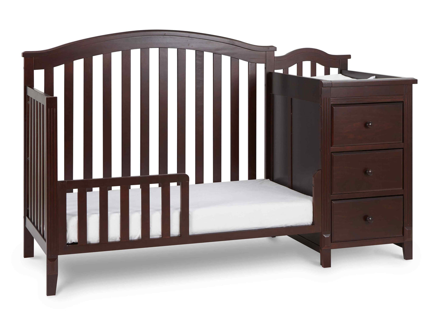 Kali II 4-in-1 Crib and Changer - Inclined Side View of Kali II 4-in-1 Crib and Changer Espresso with Guard Rail