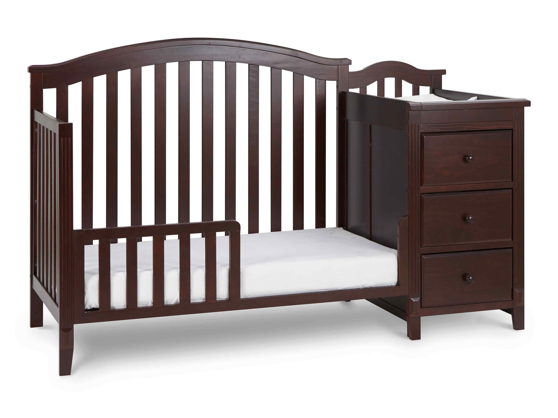 Kali II 4-in-1 Crib and Changer - Inclined Side View of Kali II 4-in-1 Crib and Changer Espresso with Guard Rail