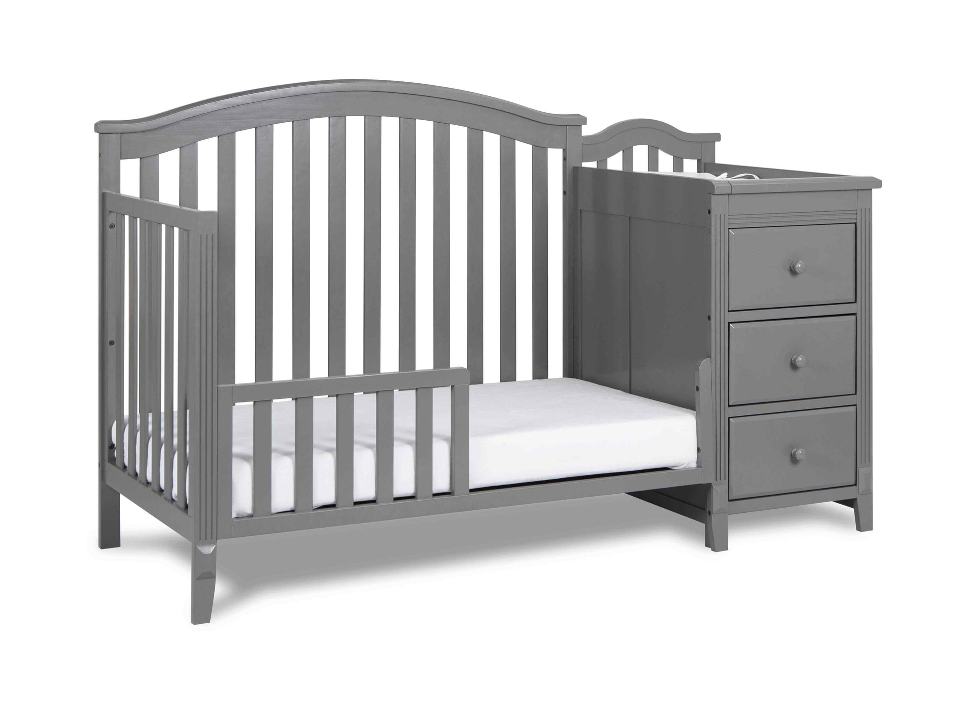 Kali II 4-in-1 Crib and Changer- Inclined Side View of Kali II 4-in-1 Crib and Changer Gray with Guard Rail