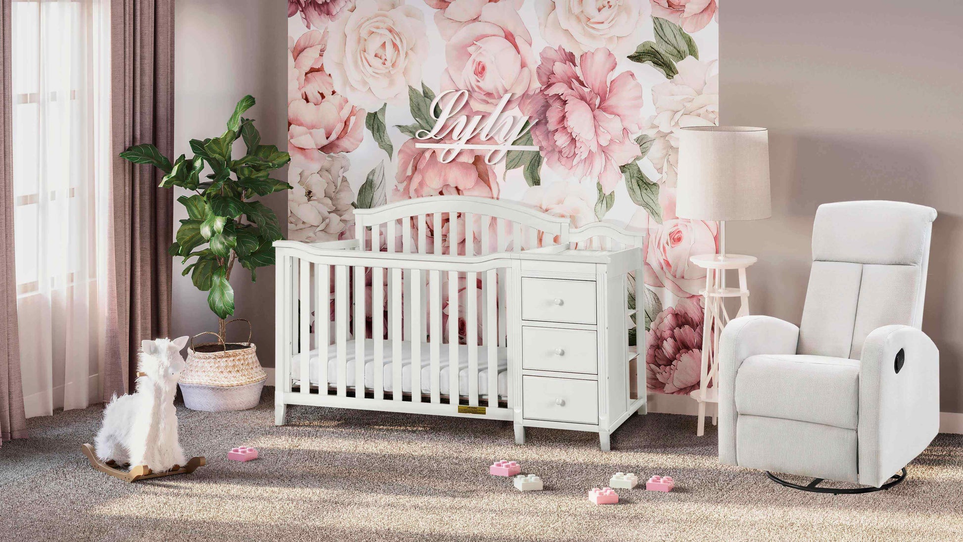 Kali II 4-in-1 Crib and Changer - Lifestyle Image Inclined Side View of Kali II 4-in-1 Crib and Changer White with Glider Chair