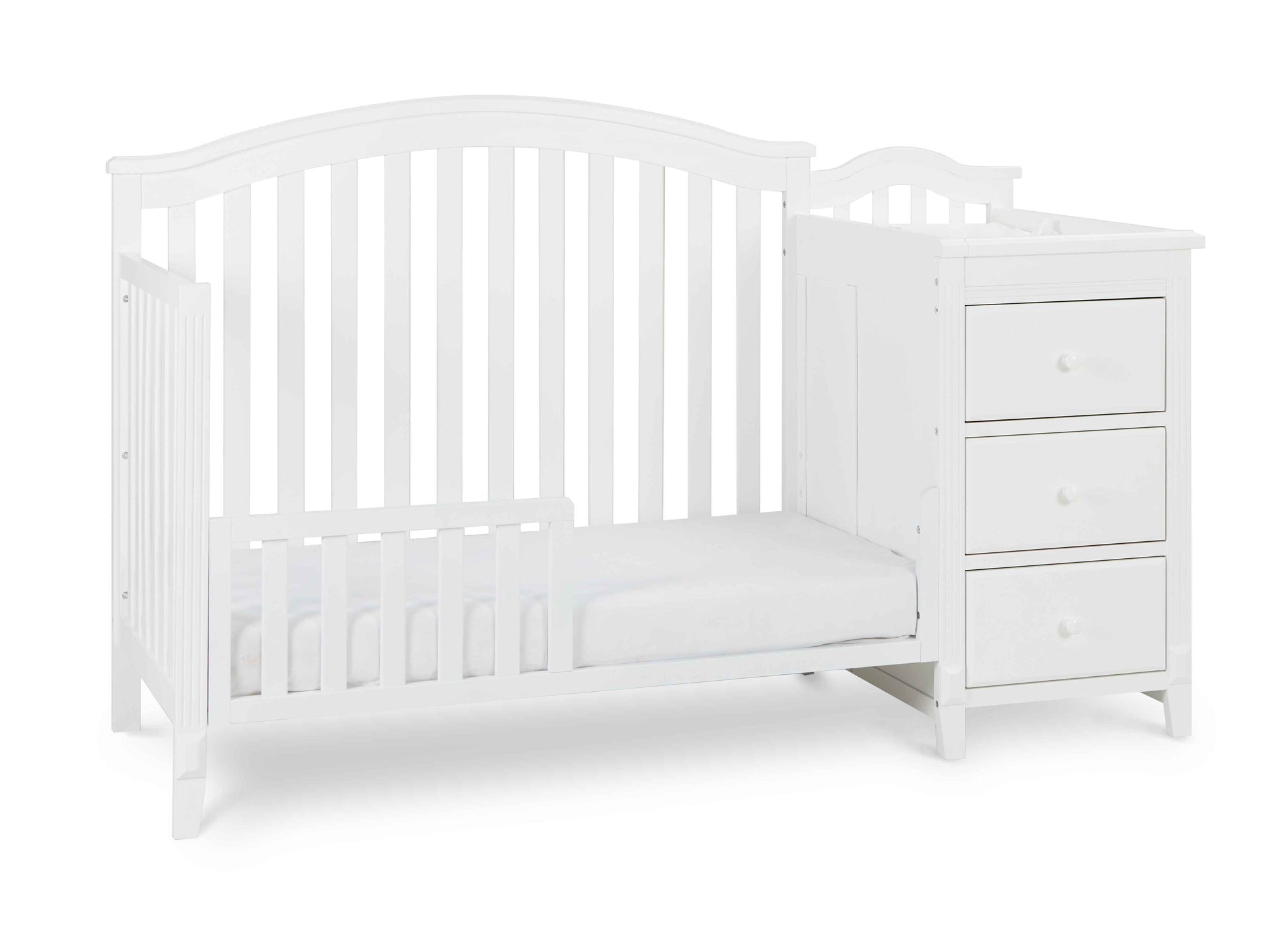 Kali II 4-in-1 Crib and Changer - Inclined Side View of Kali II 4-in-1 Crib and Changer White with Guard Rail
