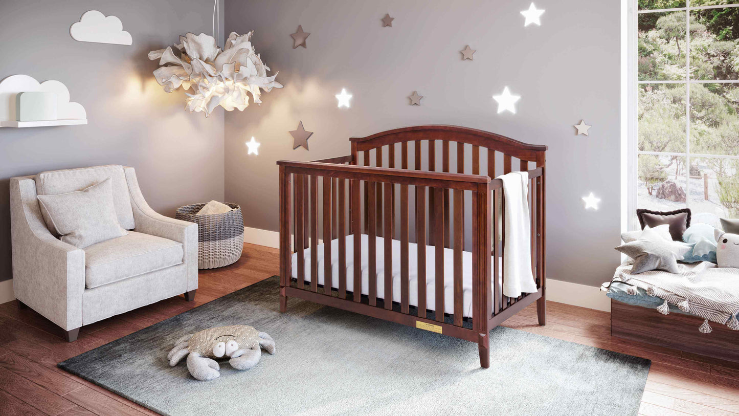 Kali II 4-in-1 Crib (Flat Footboard) - Full Lifestyle Image Inclined Side View of Kali II 4-in-1 Crib Espresso
