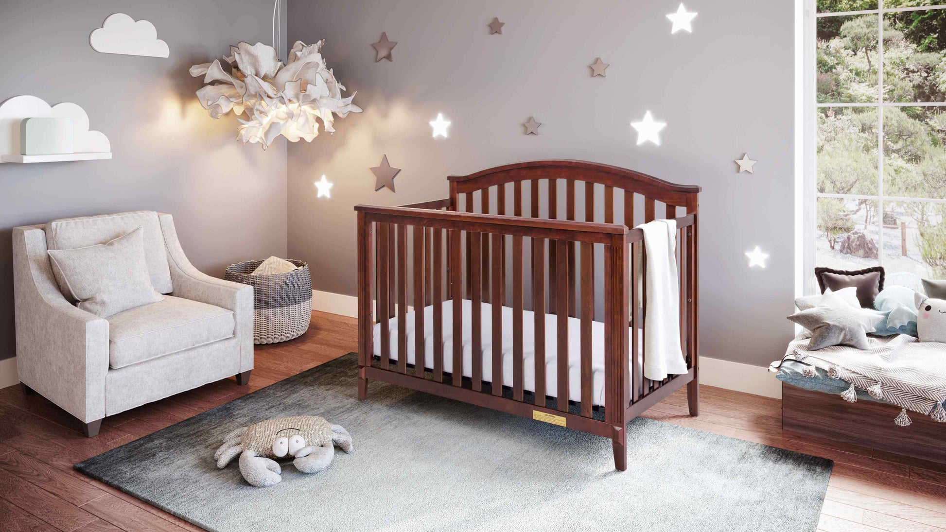 Kali II 4-in-1 Crib (Flat Footboard) - Full Lifestyle Image Inclined Side View of Kali II 4-in-1 Crib Espresso