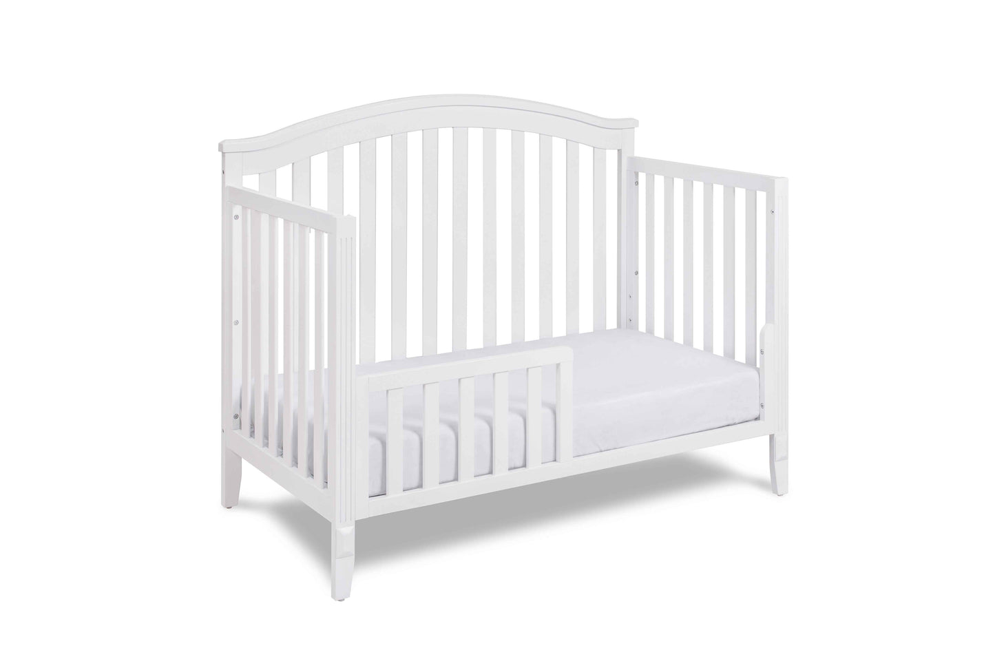 Kali II 4-in-1 Crib (Flat Footboard) - Inclined Side View of Kali II 4-in-1 Crib White with Guard Rail