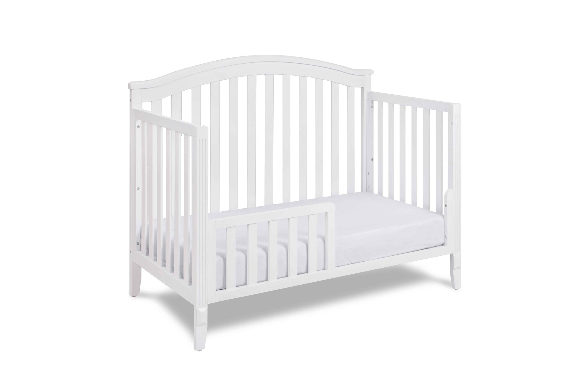 Kali II 4-in-1 Crib (Flat Footboard) - Inclined Side View of Kali II 4-in-1 Crib White with Guard Rail