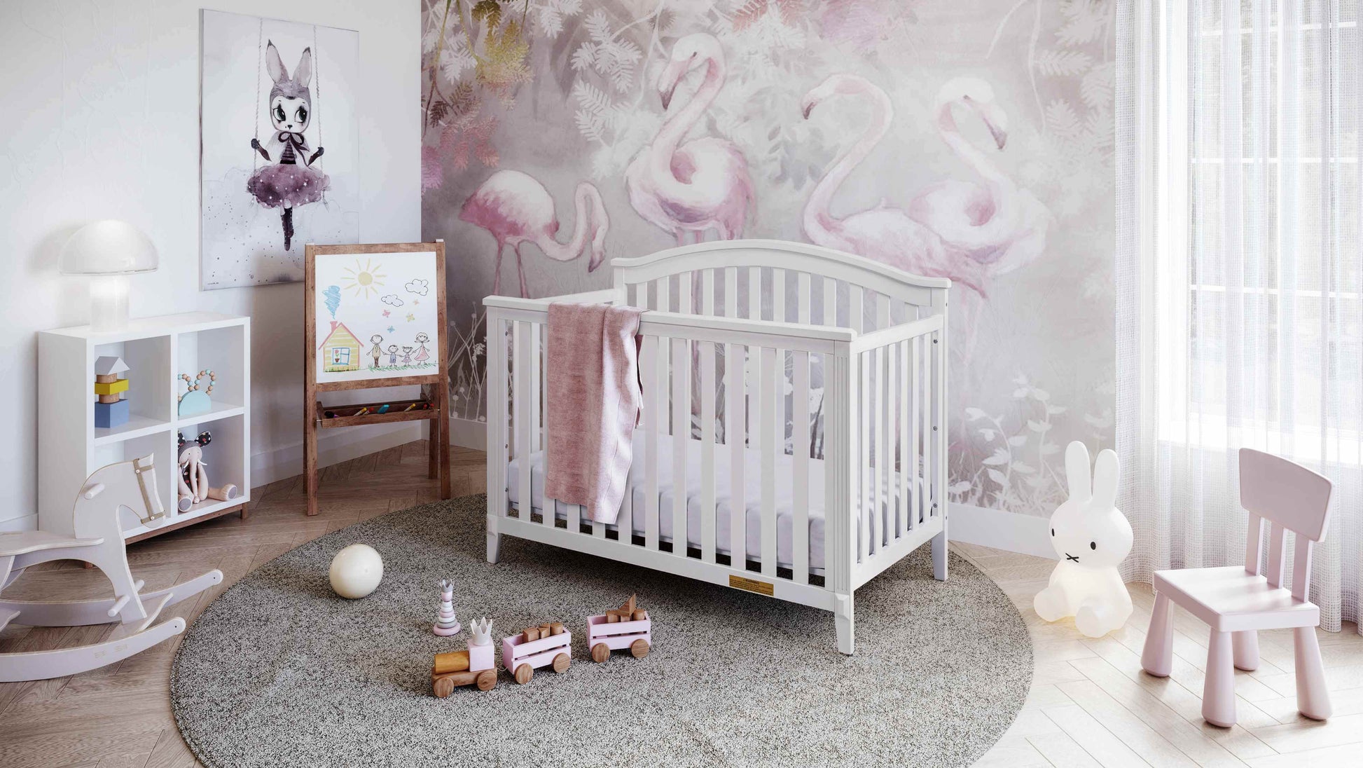 Kali II 4-in-1 Crib (Flat Footboard) - Full Lifestyle Image Inclined Side View of Kali II 4-in-1 Crib White