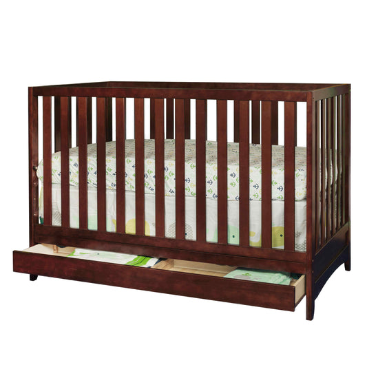 Mila 3-in-1 Convertible Crib with Drawer - Inclined Side View of Mila 3-in-1 Convertible Crib with Open Drawer Espresso