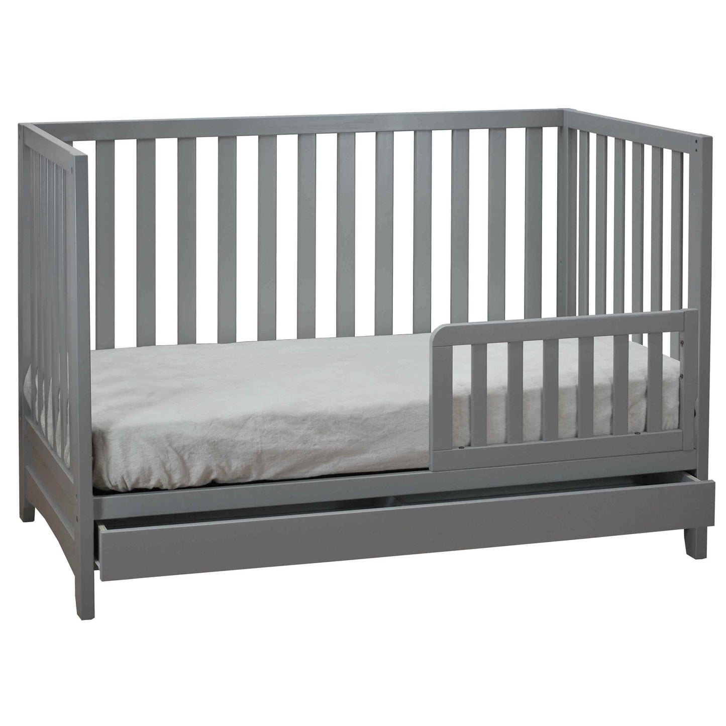 Mila 3-in-1 Convertible Crib with Drawer - Inclined Side View of Mila 3-in-1 Convertible Crib with Drawer and Guard Rail Gray