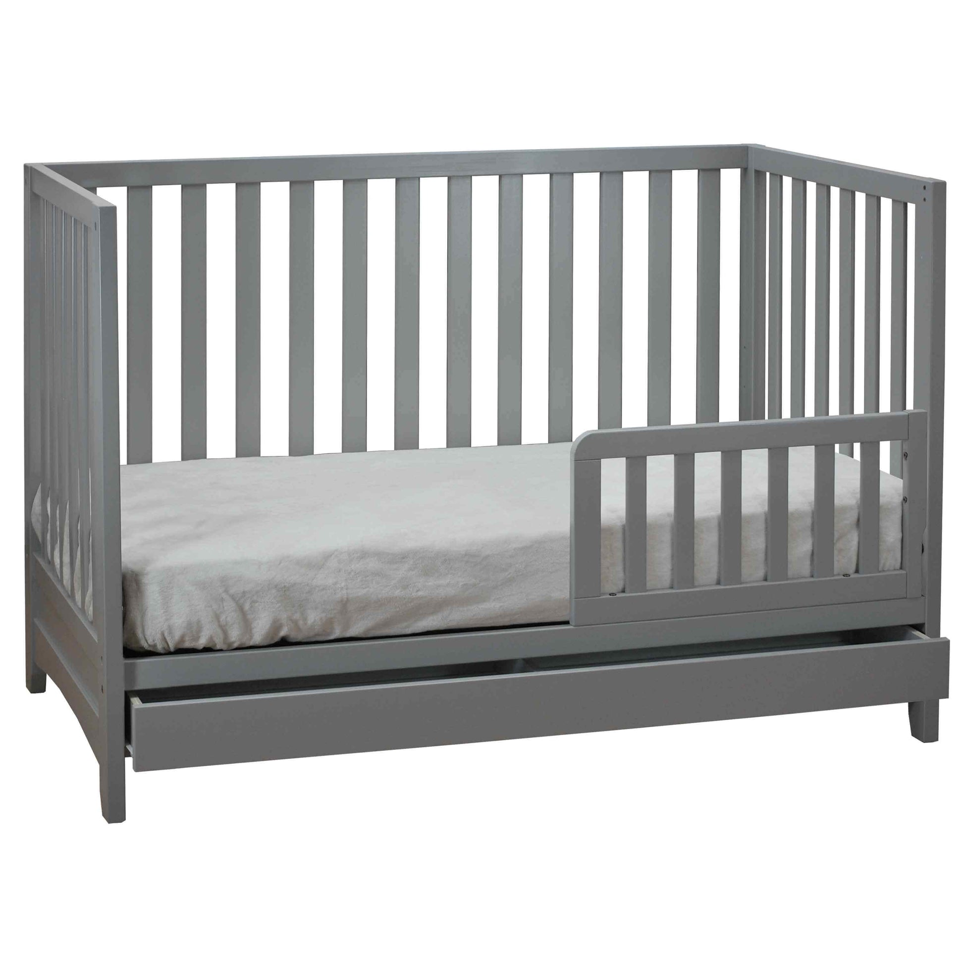 Mila 3-in-1 Convertible Crib with Drawer - Inclined Side View of Mila 3-in-1 Convertible Crib with Drawer and Guard Rail Gray