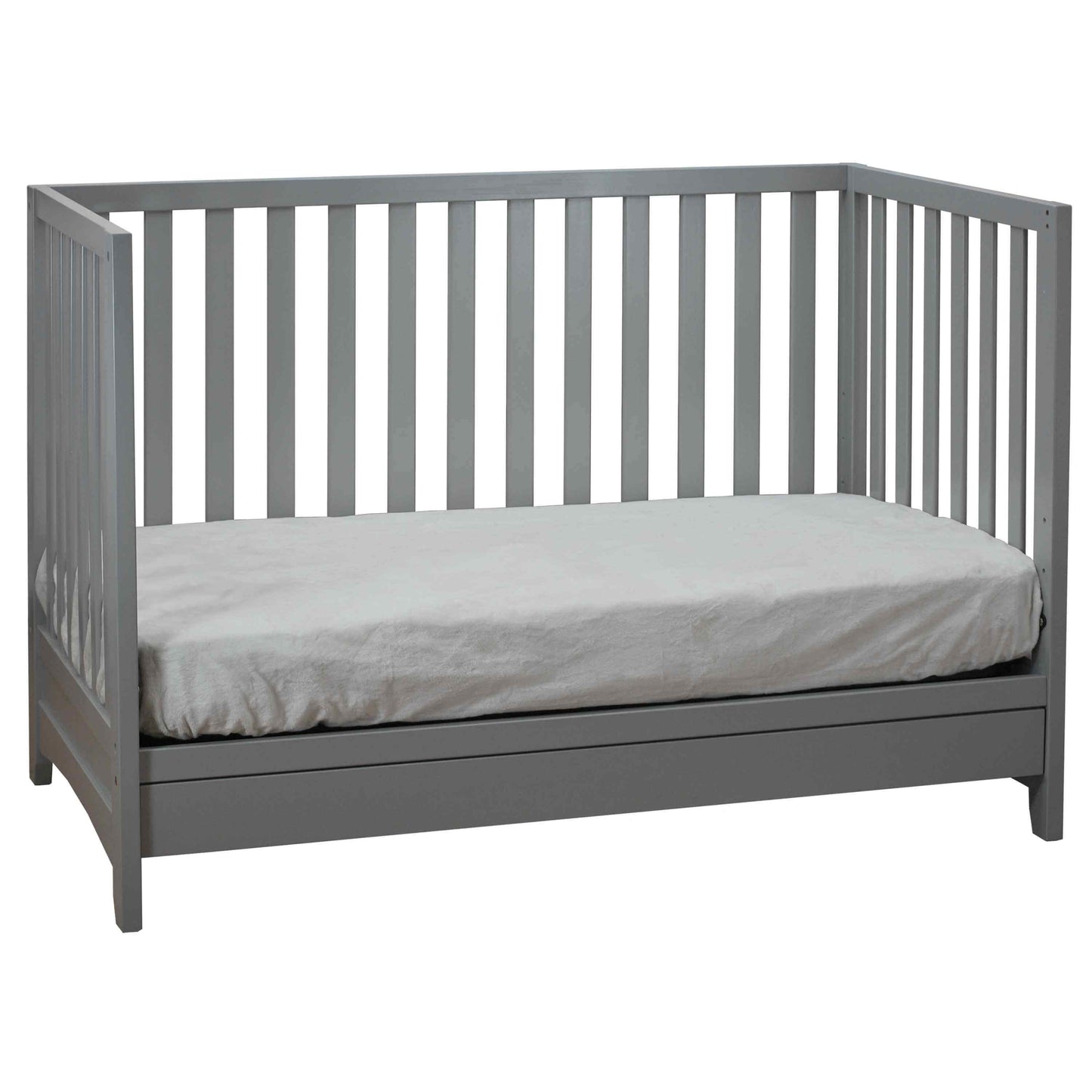 Mila 3-in-1 Convertible Crib with Drawer - Inclined Side View of Mila Daybed with Drawer Gray