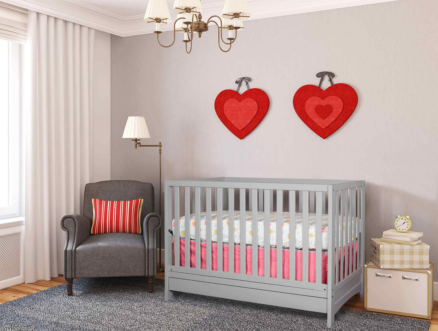 Mila 3-in-1 Convertible Crib with Drawer - Lifestyle Image Inclined Side View of Mila 3-in-1 Convertible Crib with Drawer Gray