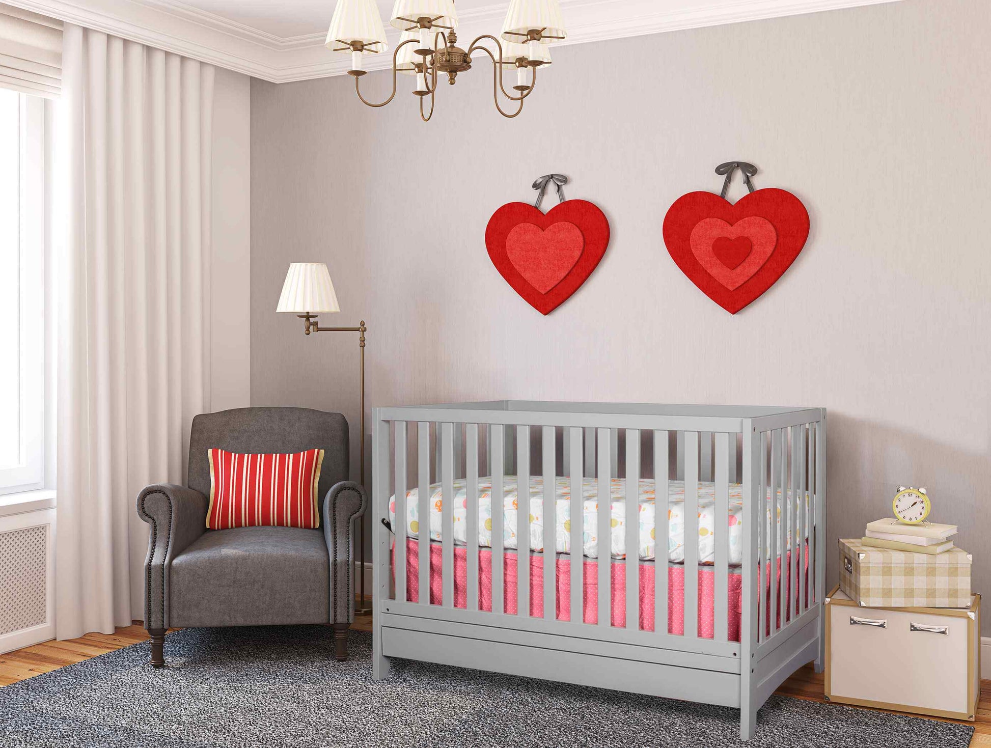 Mila 3-in-1 Convertible Crib with Drawer - Lifestyle Image Inclined Side View of Mila 3-in-1 Convertible Crib with Drawer Gray