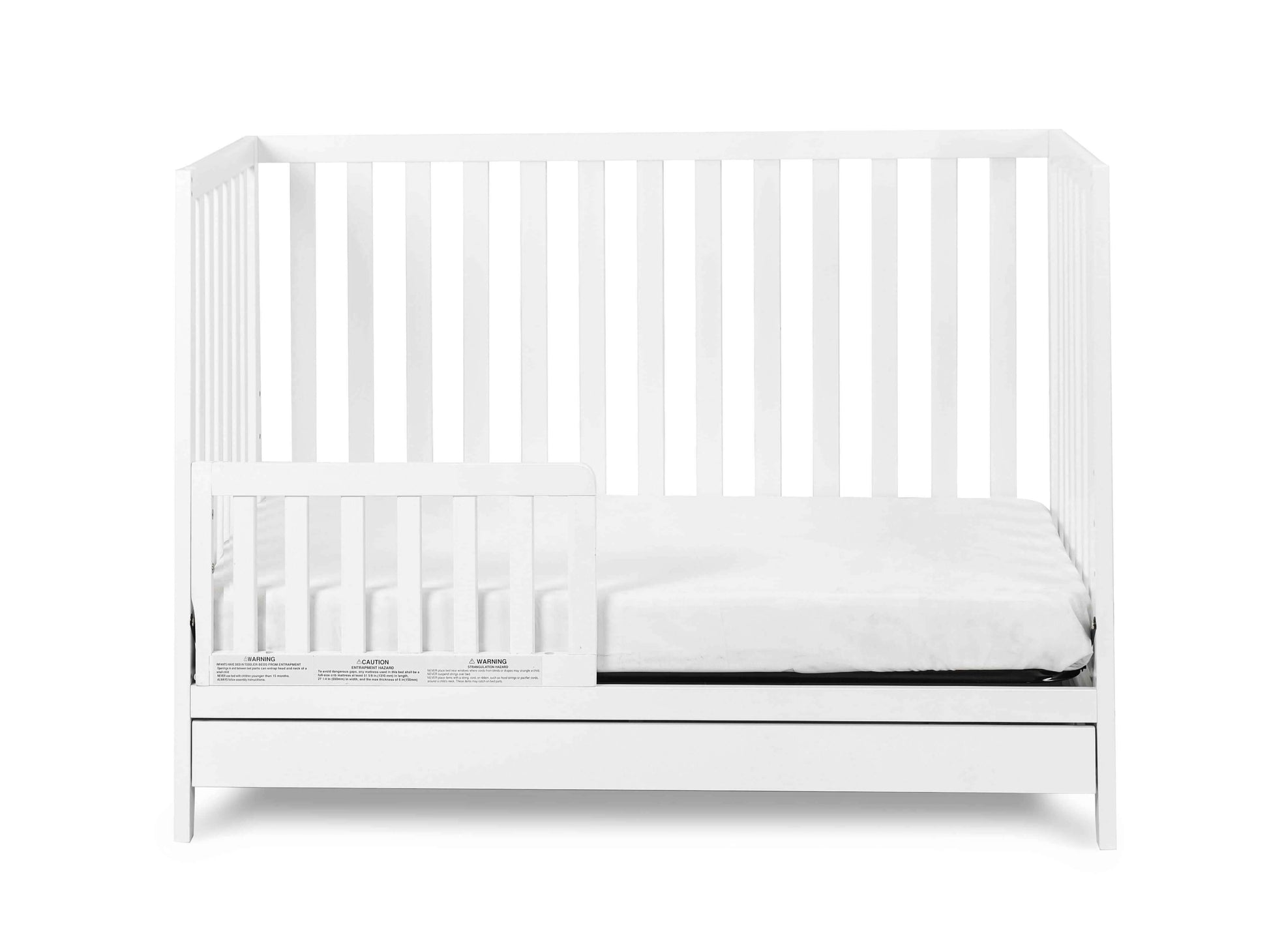 Mila 3-in-1 Convertible Crib with Drawer - Inclined Side View of Mila 3-in-1 Convertible Crib with Drawer and Guard Rail White