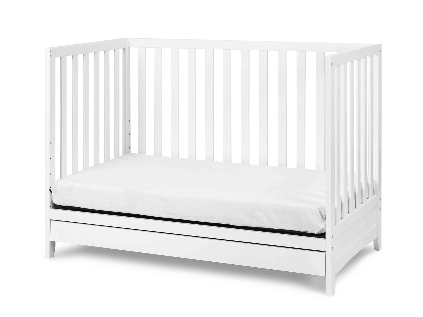 Mila 3-in-1 Convertible Crib with Drawer - Inclined Side View of Mila Daybed with Drawer White