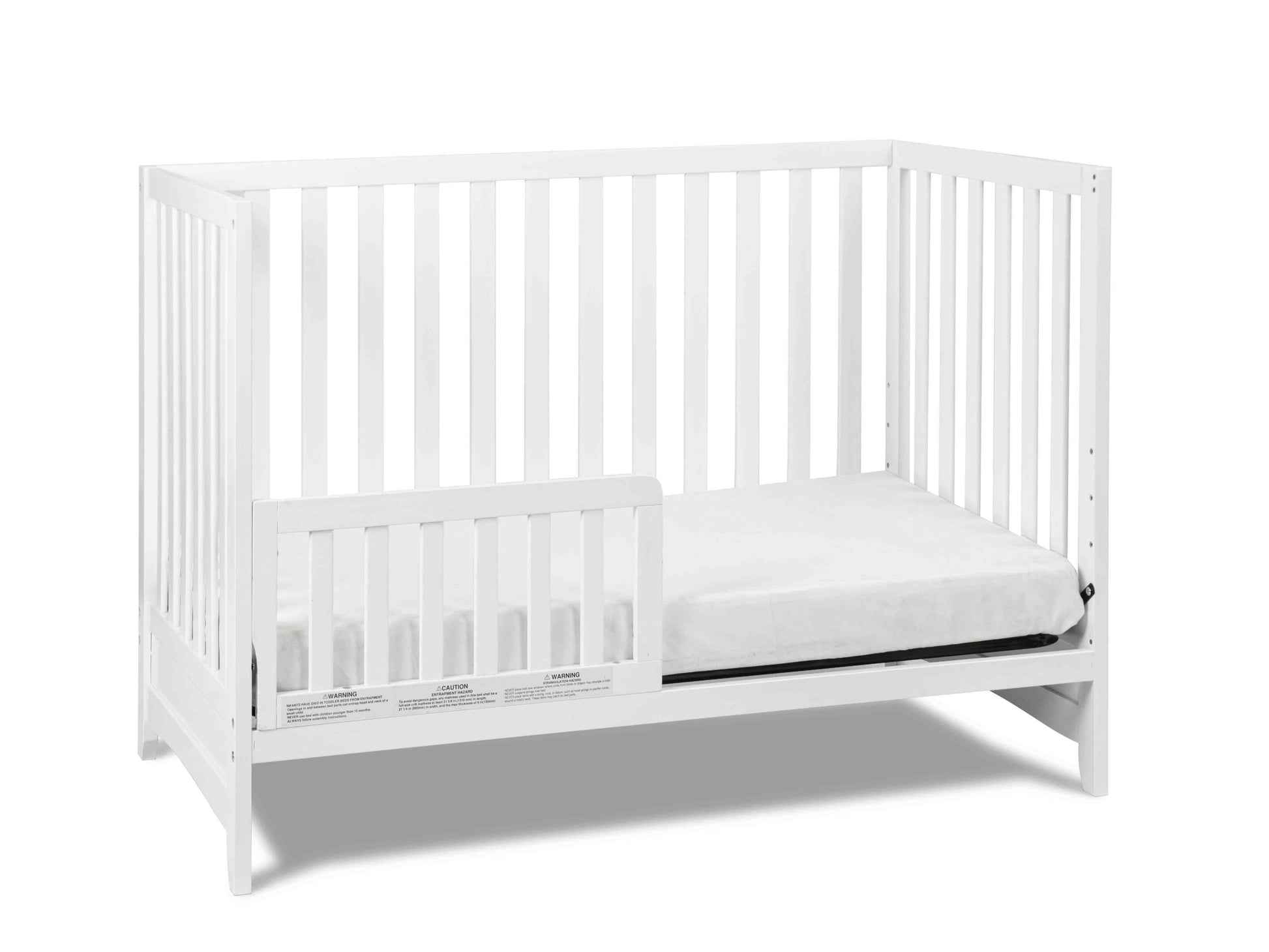 Mila II 3-in-1 Convertible Crib - Inclined Side View of Mila II 3-in-1 Convertible Crib White with Guard Rail