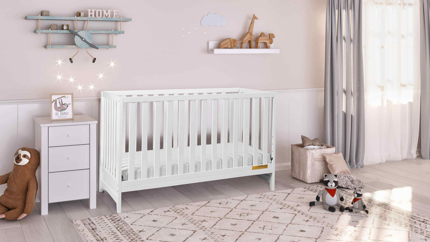Mila II 3-in-1 Convertible Crib - Lifestyle Image Inclined Side View of Mila II 3-in-1 Convertible Crib White