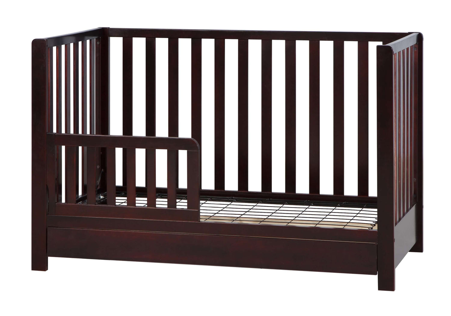 Emma 4-in-1 Convertible Crib with Drawer - Side View of Convertible Crib Espresso With Guard Rail