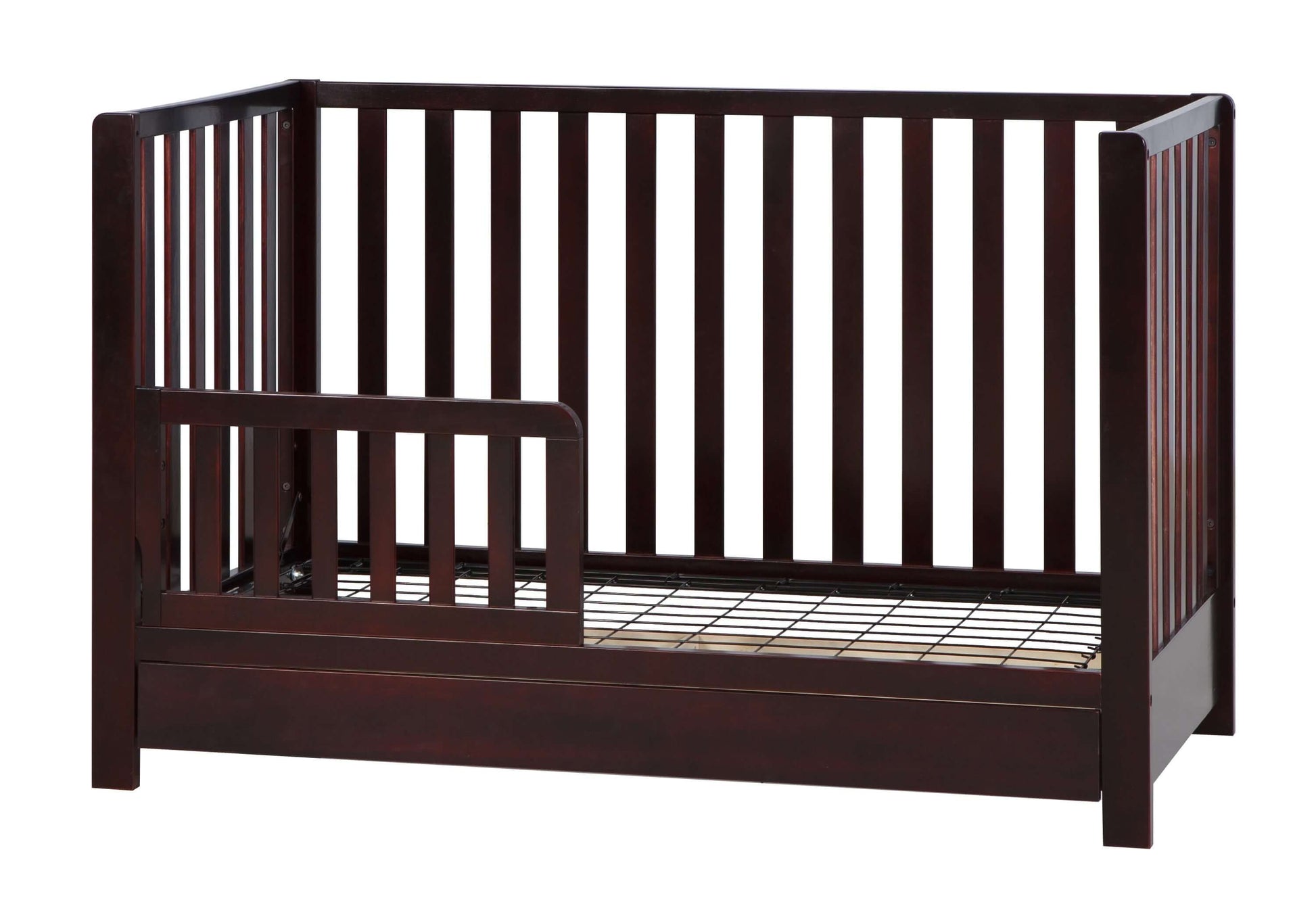 Emma 4-in-1 Convertible Crib with Drawer - Side View of Convertible Crib Espresso With Guard Rail