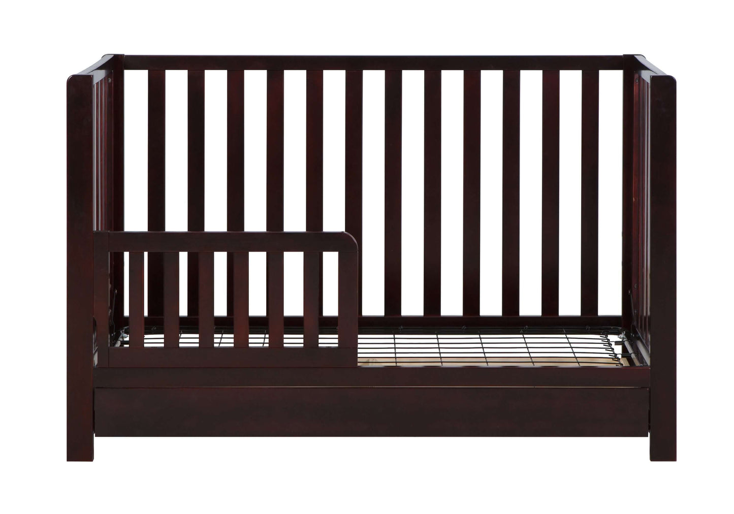 Emma 4-in-1 Convertible Crib with Drawer - Front View of Convertible Crib Espresso With Guard Rail