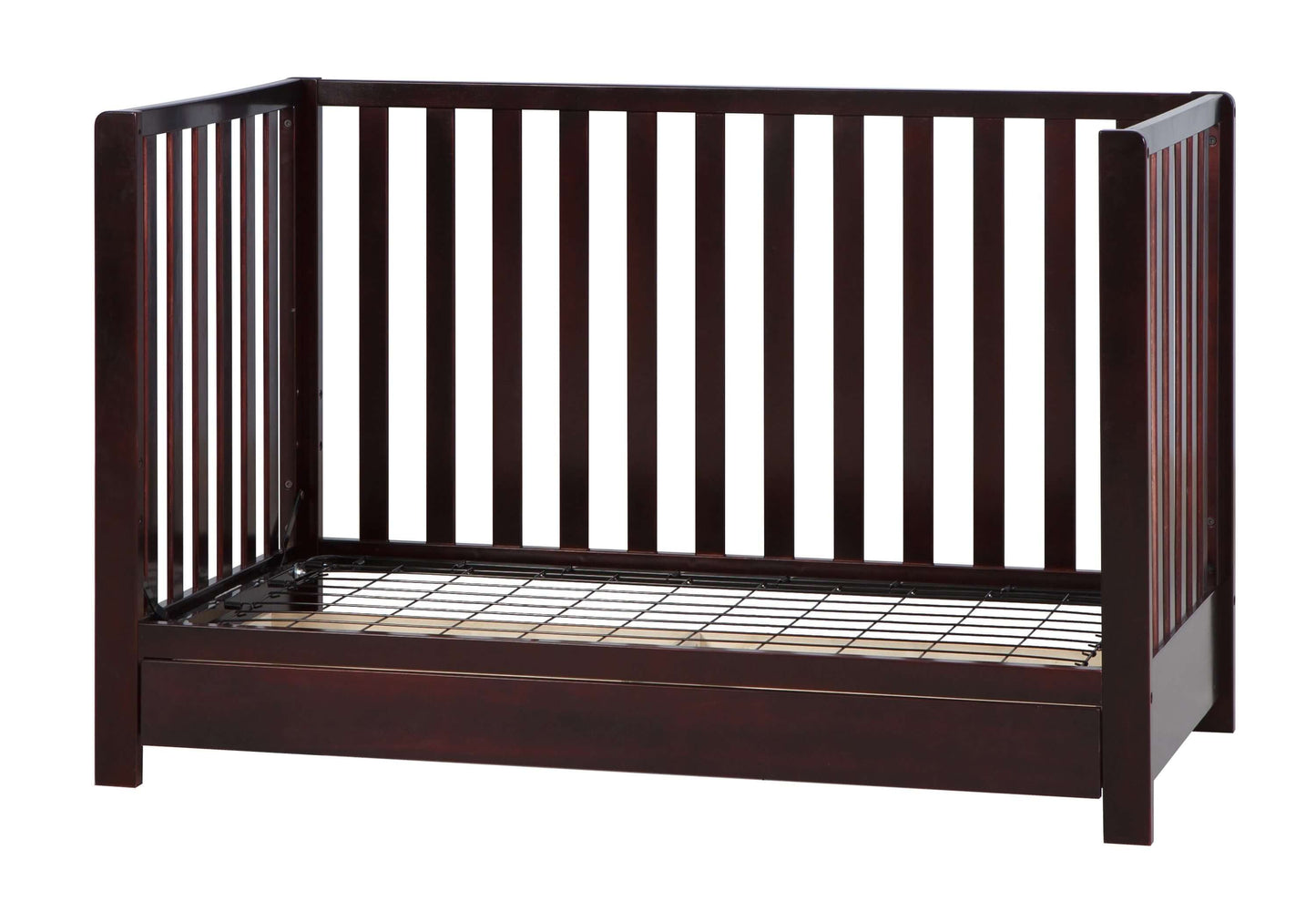 Emma 4-in-1 Convertible Crib with Drawer - Side View of Daybed Espresso With Drawer