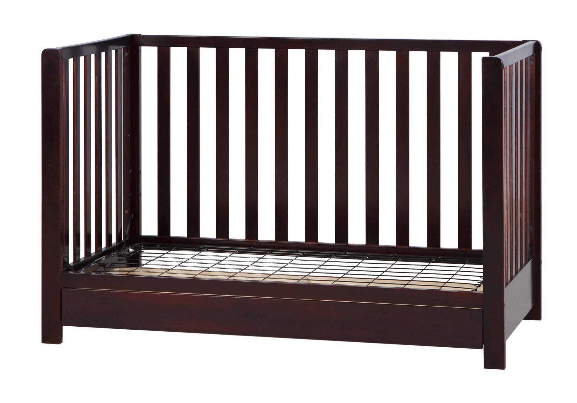 Emma 4-in-1 Convertible Crib with Drawer - Side View of Daybed Espresso With Drawer