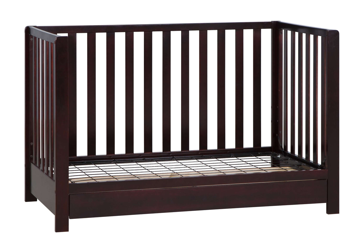 Emma 4-in-1 Convertible Crib with Drawer - Side View of Daybed Espresso With Drawer