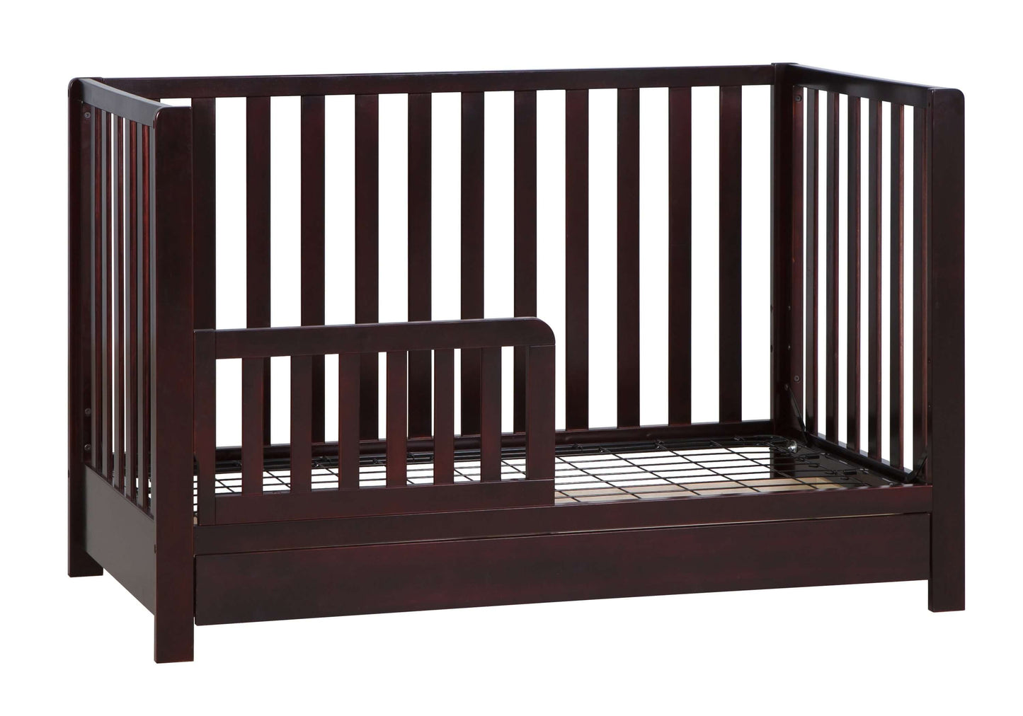 Emma 4-in-1 Convertible Crib with Drawer - Side View of Convertible Crib Espresso With Guard Rail