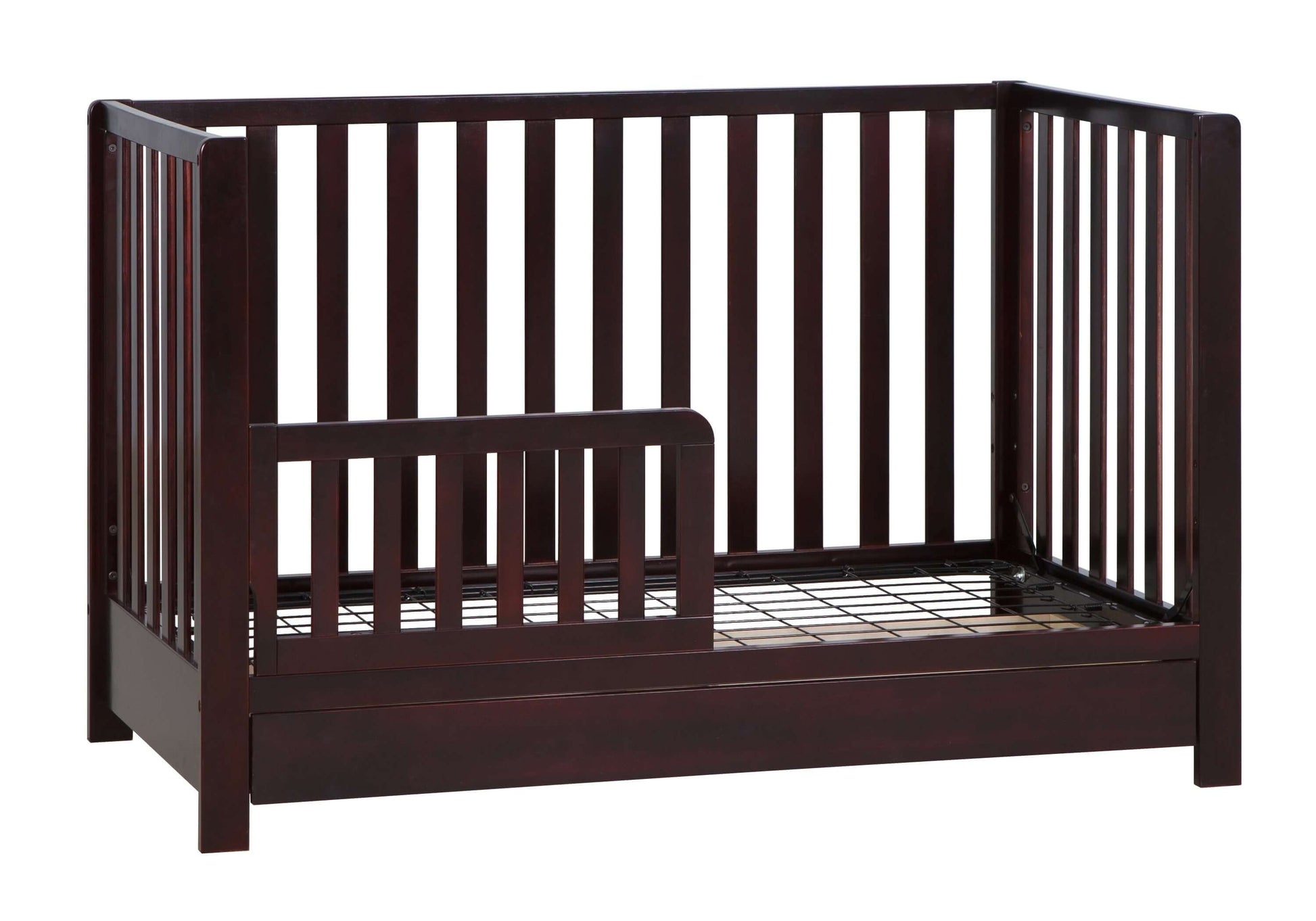 Emma 4-in-1 Convertible Crib with Drawer - Side View of Convertible Crib Espresso With Guard Rail