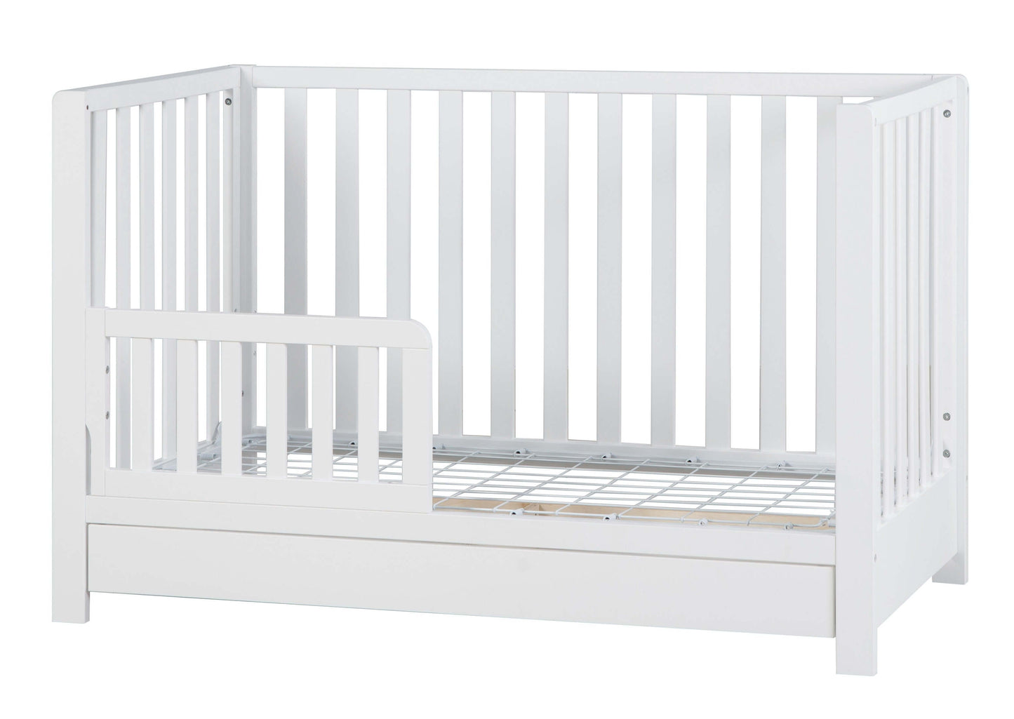 Emma 4-in-1 Convertible Crib with Drawer - Side View of Convertible Crib White With Guard Rail