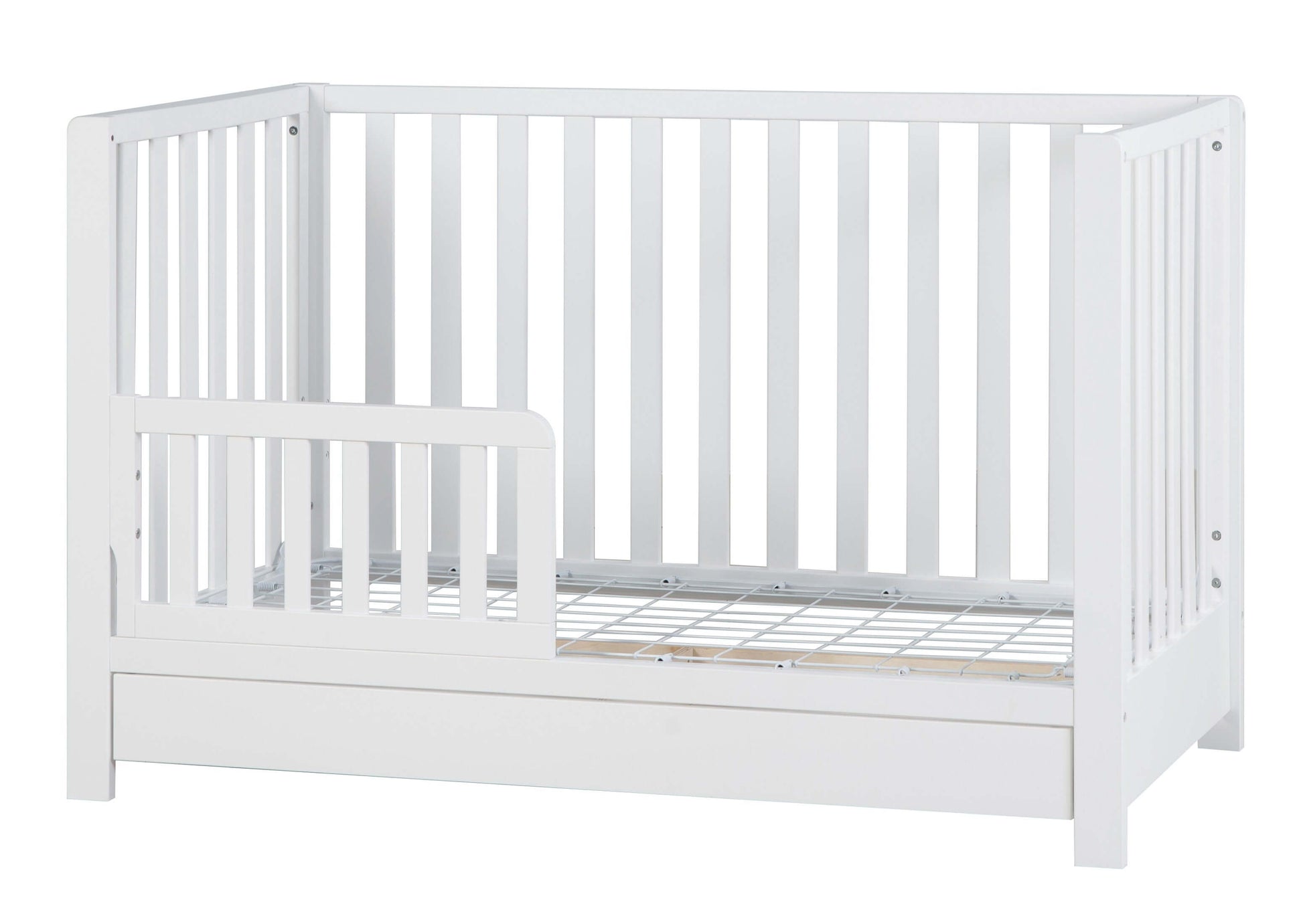 Emma 4-in-1 Convertible Crib with Drawer - Side View of Convertible Crib White With Guard Rail