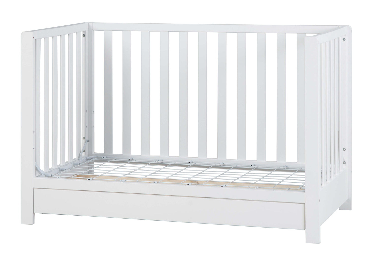 Emma 4-in-1 Convertible Crib with Drawer - Side View of Daybed White With Drawer