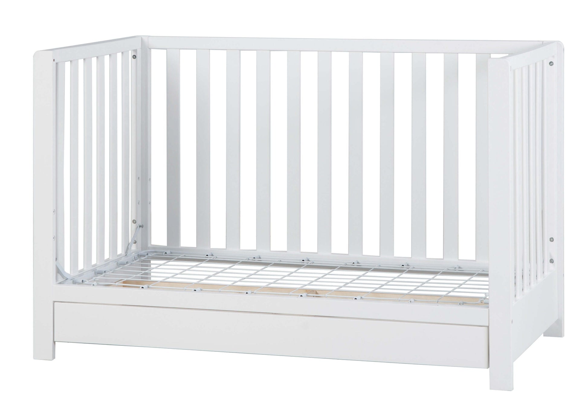 Emma 4-in-1 Convertible Crib with Drawer - Side View of Daybed White With Drawer