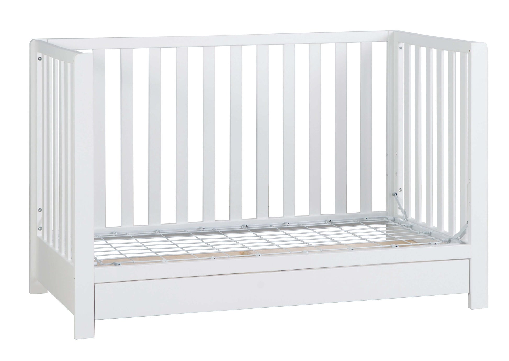 Emma 4-in-1 Convertible Crib with Drawer - Side View of Daybed White With Drawer