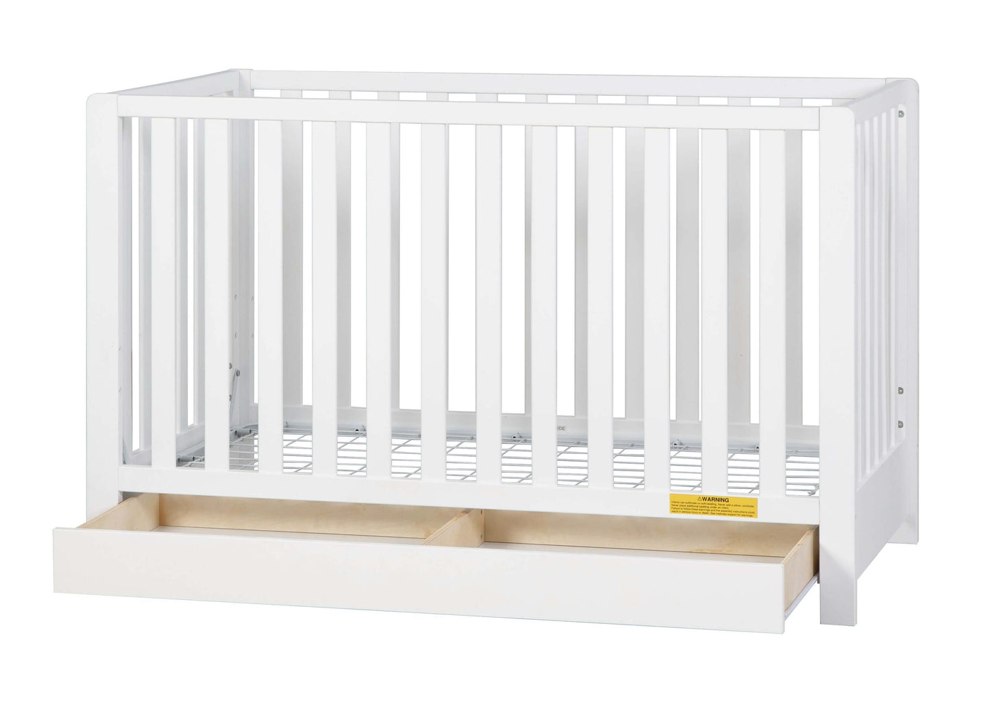 Emma 4-in-1 Convertible Crib with Drawer - Side View of Convertible Crib White With Open Drawer