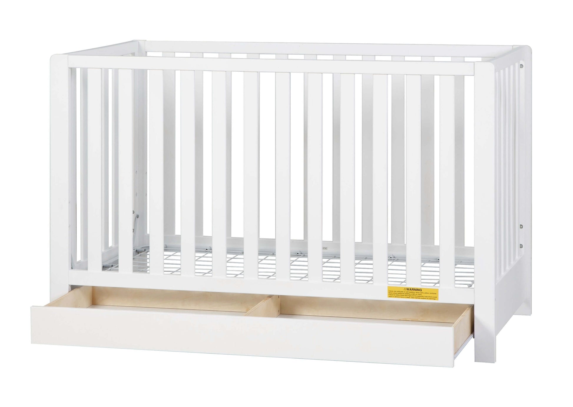 Emma 4-in-1 Convertible Crib with Drawer - Side View of Convertible Crib White With Open Drawer