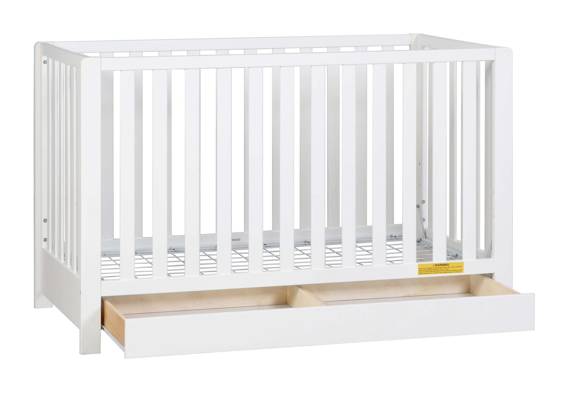 Emma 4-in-1 Convertible Crib with Drawer - Side View of Convertible Crib White With Drawer With Open Drawer