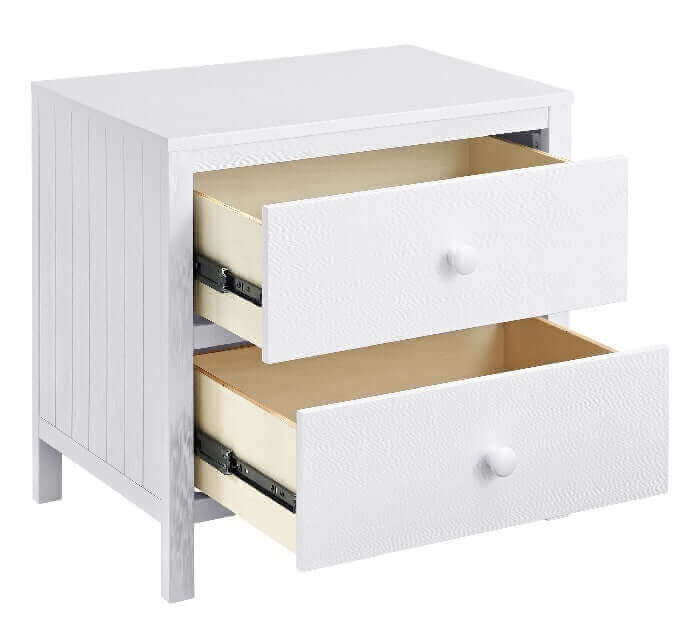 Everlee Nightstand - Inclined Side View of Open Drawer Everlee Nightstand Whitewash