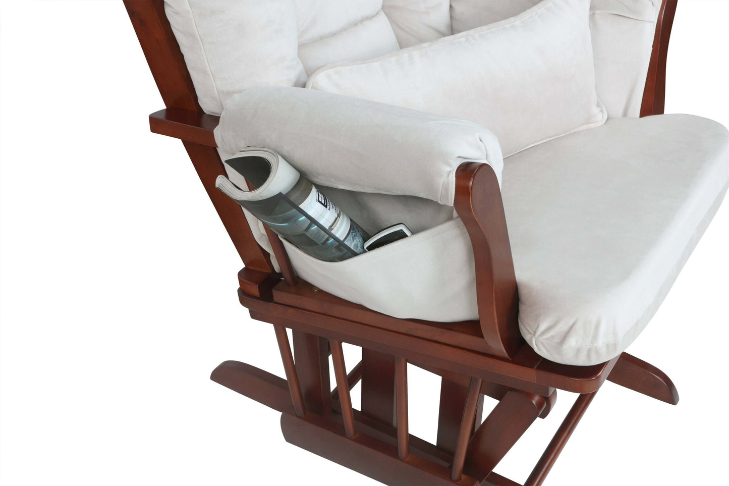 Alice Glider Chair and Ottoman with Pillow - Zoomed View of Storage Basket of Alice Glider Chair and Ottoman with Pillow Espresso