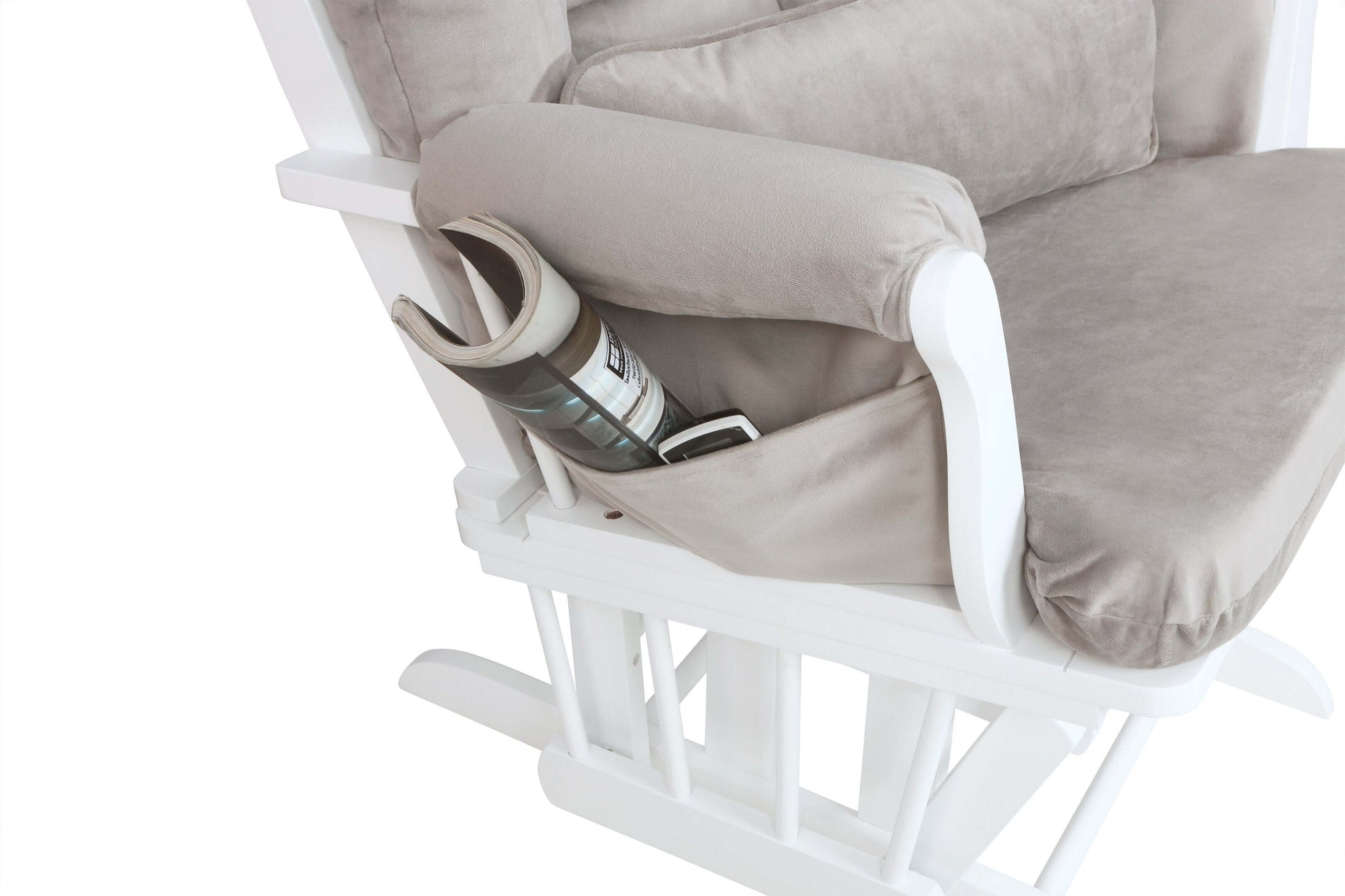 Alice Glider Chair and Ottoman with Pillow - Zoomed View of Storage Basket of Alice Glider Chair and Ottoman with Pillow Espresso