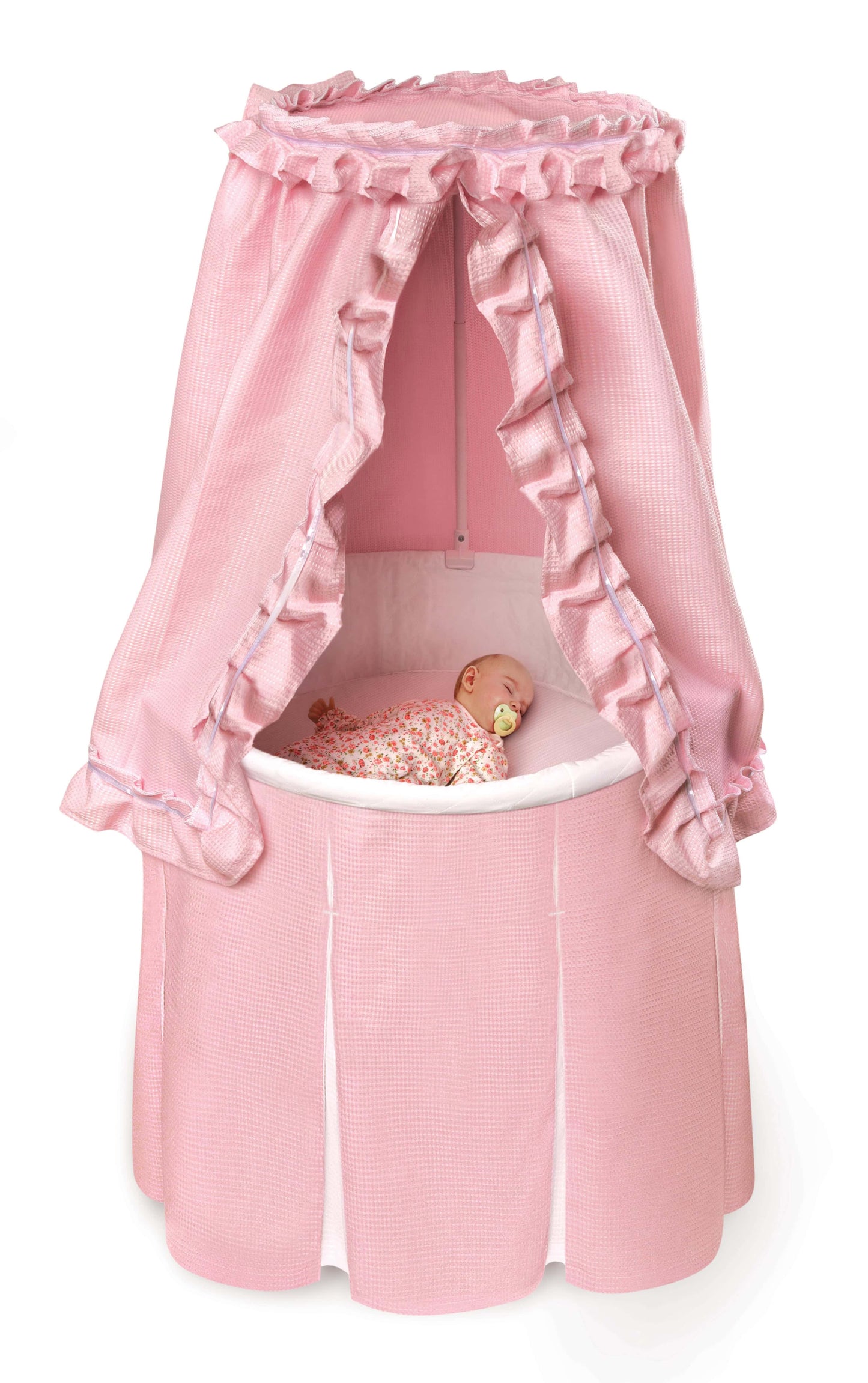 Empress Round Baby Bassinet with Canopy - Front View of Empress Round Baby Bassinet with Canopy Pink With Baby Sleeping Inside