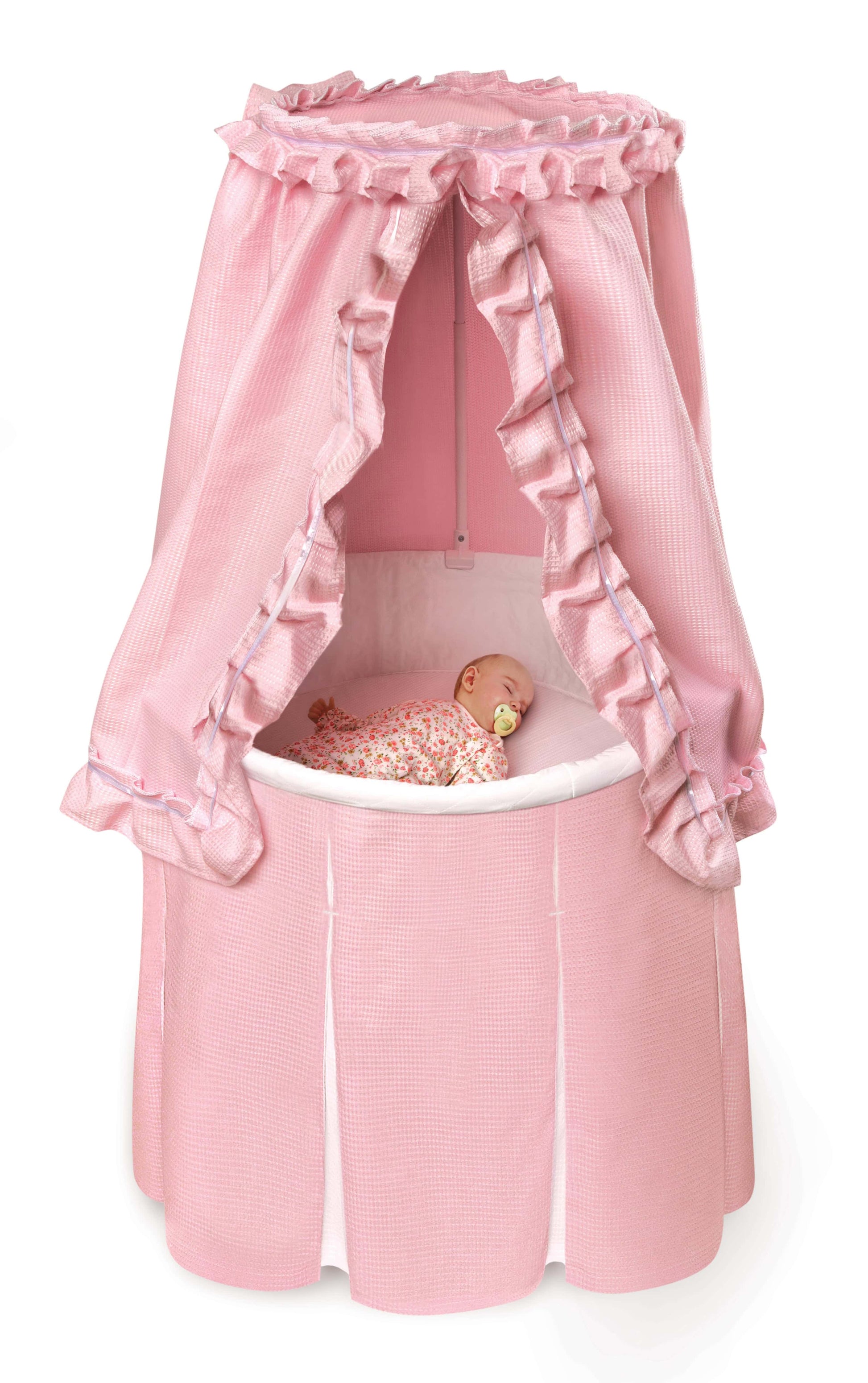 Empress Round Baby Bassinet with Canopy - Front View of Empress Round Baby Bassinet with Canopy Pink With Baby Sleeping Inside