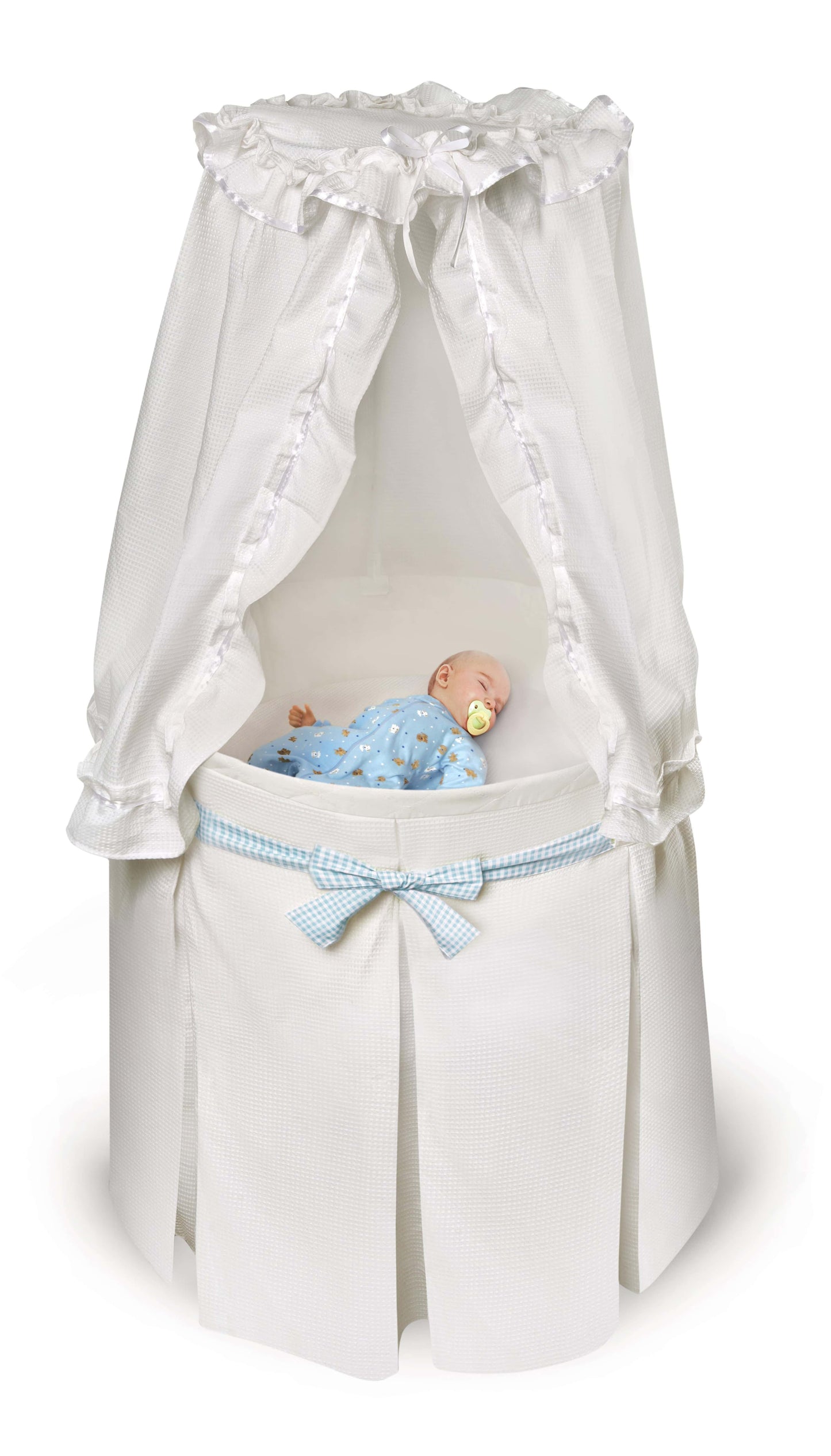 Empress Round Baby Bassinet with Canopy - Front View of Empress Round Baby Bassinet Blue Ribbon with Canopy White With Baby Sleeping Inside