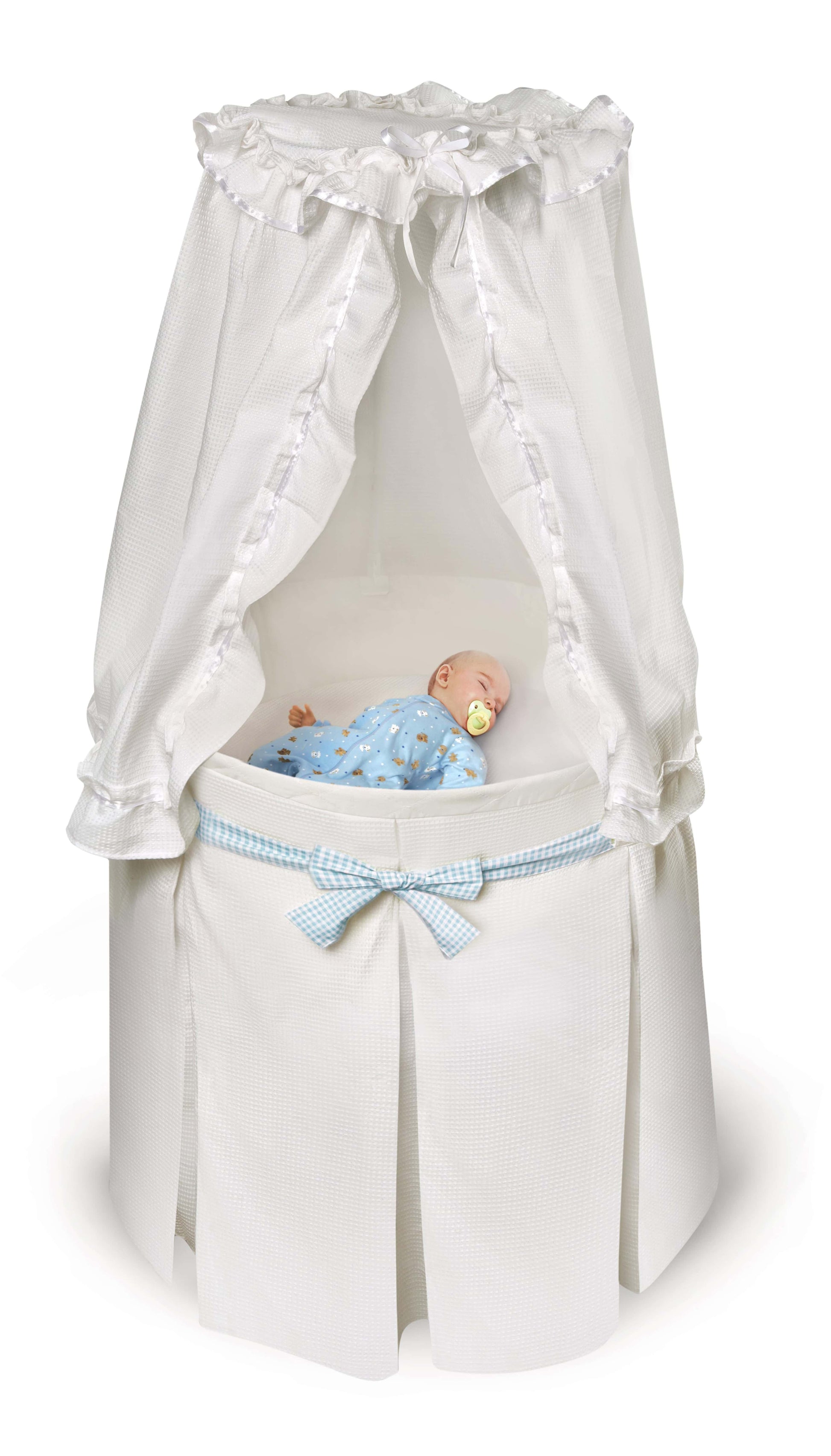Empress Round Baby Bassinet with Canopy - Front View of Empress Round Baby Bassinet Blue Ribbon with Canopy White With Baby Sleeping Inside
